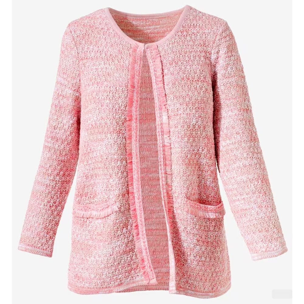 Chico’s Women’s Fringe Trim Pocket Cardigan in Pretty Pink Sz 2 (US L/12-14) NWT